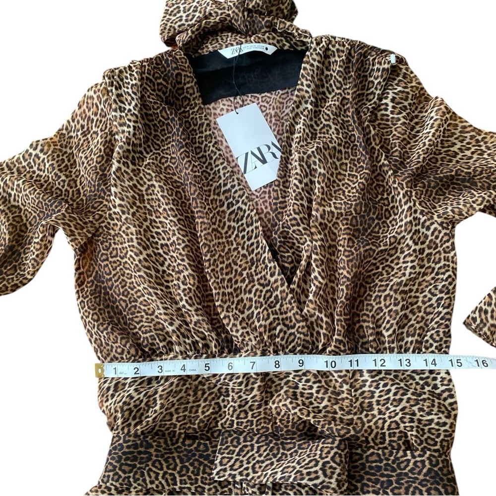 Zara Shear Cheetah Animal Print Front Tie Long Sleeve Mini V Neck Belted Dress - Picture 5 of 12